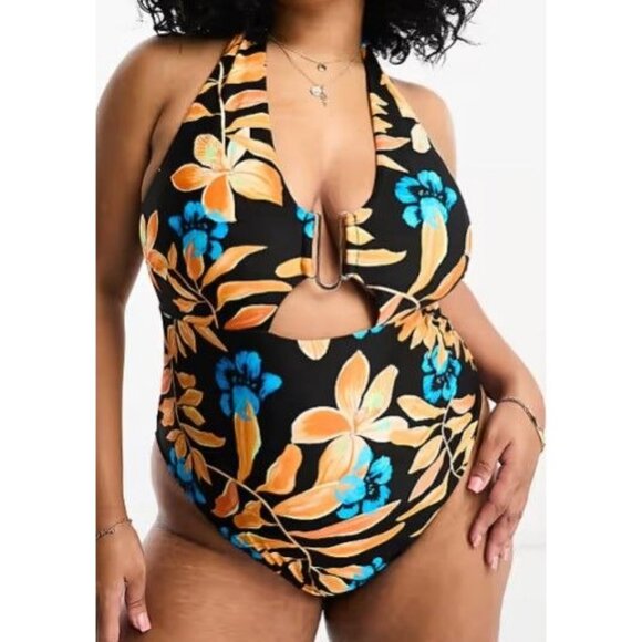 River Island Size 18 Plus Floral One Piece Swimsuit Keyhole Front NWOT - Picture 3 of 9